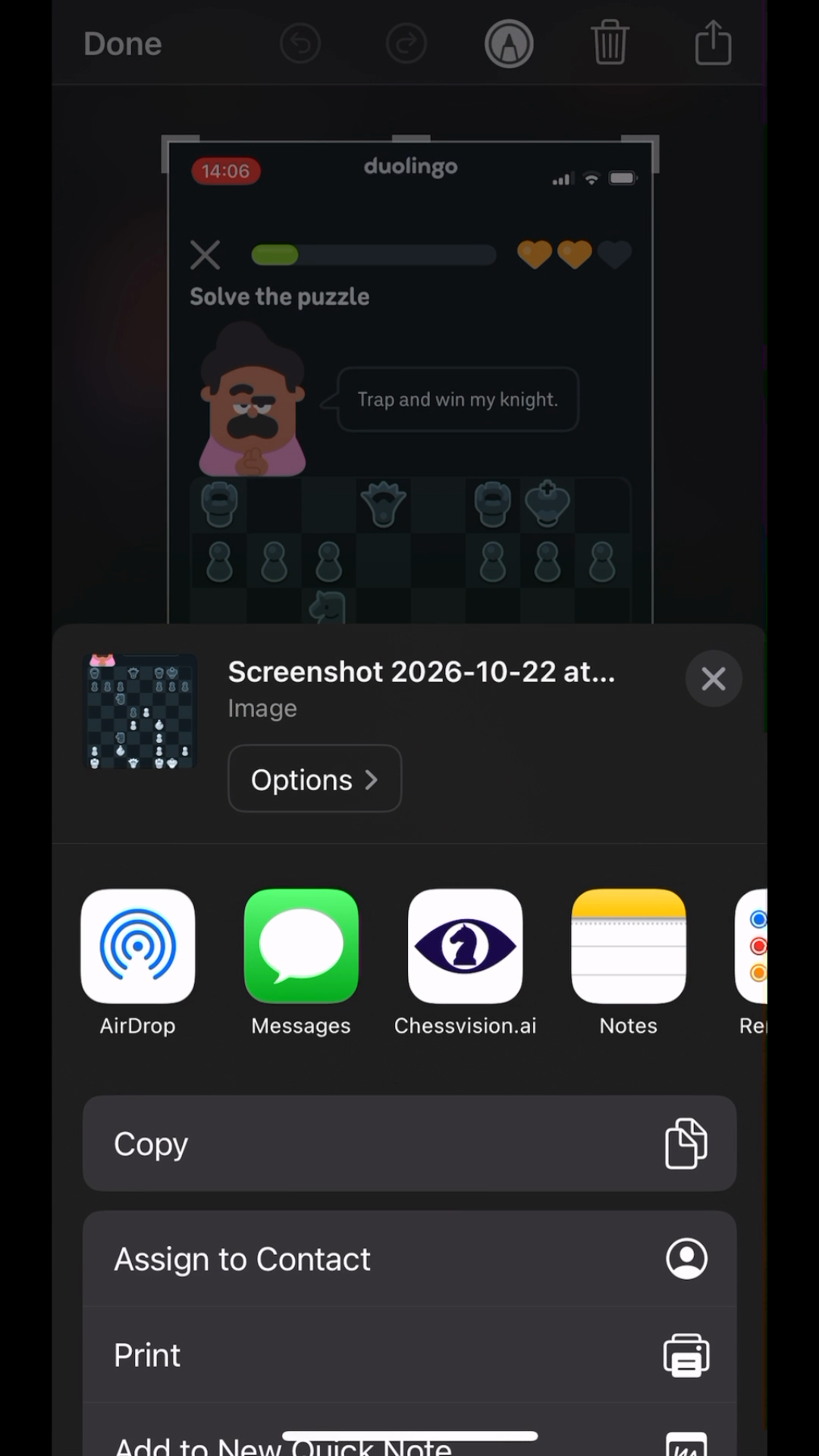 iPhone share sheet with Chessvision.ai available as a destination for the puzzle screenshot