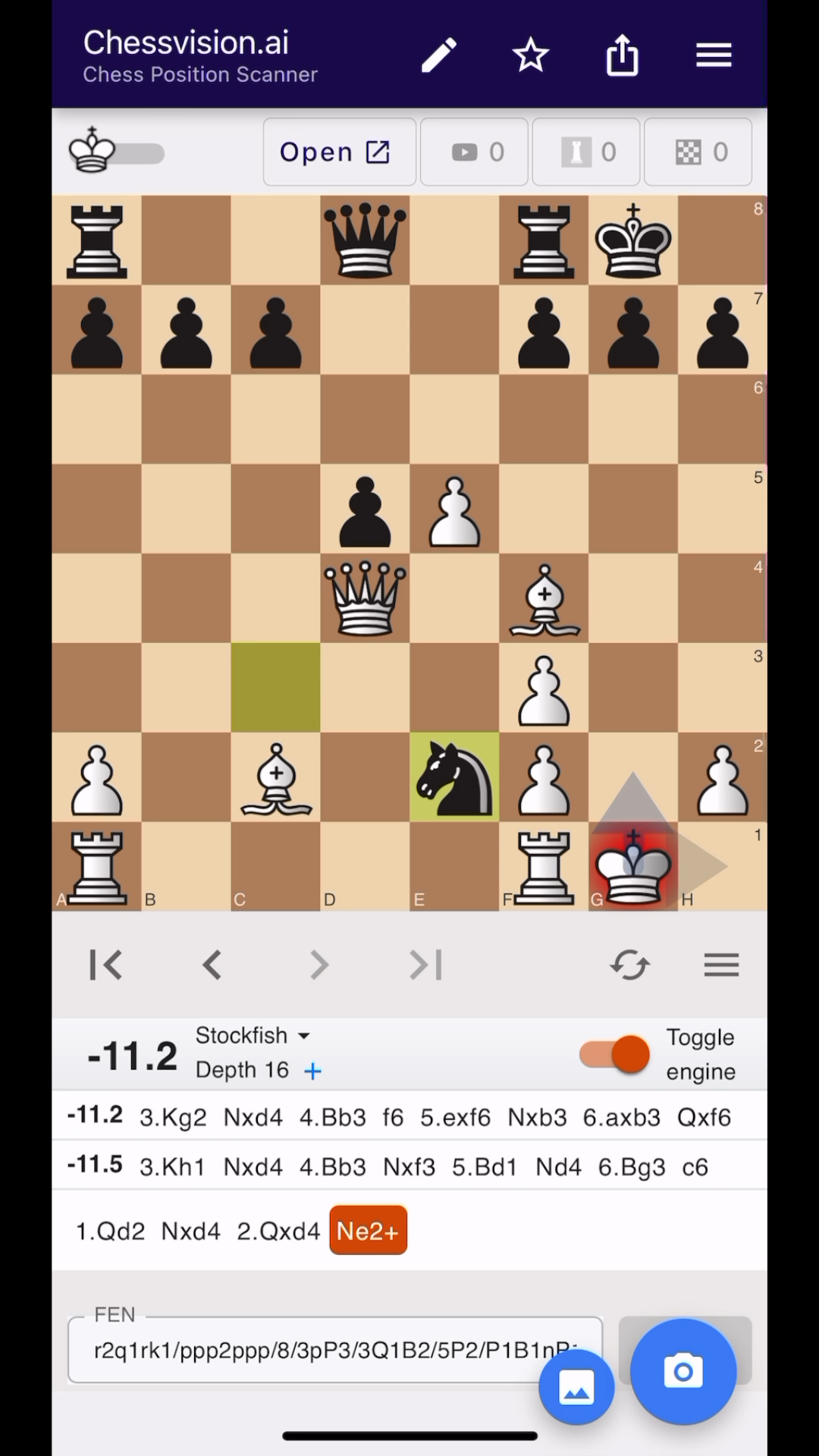 Black’s Knight on e2 giving check to my King on g1 and attacking my Queen on d4