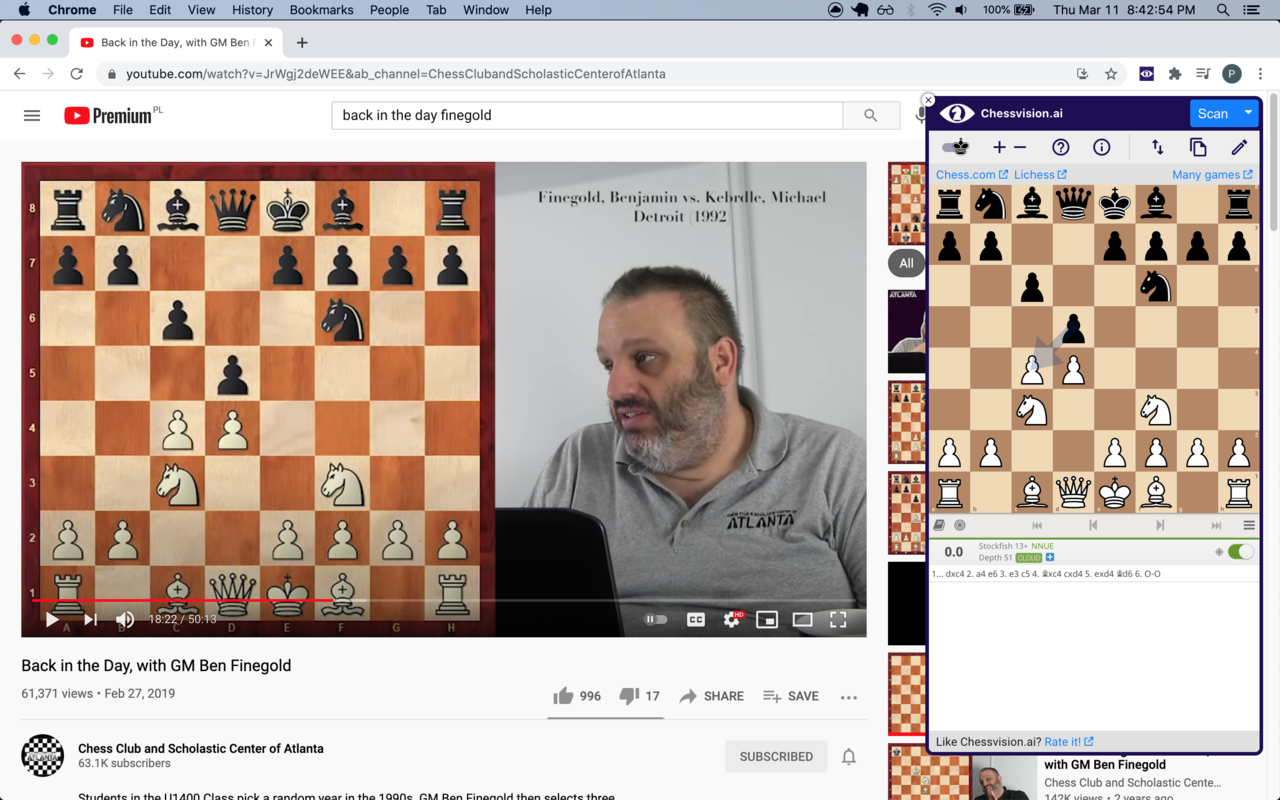 Chessvision.ai Scanner on a MacBook, showing a chess position from a YouTube video alongside the scanned position on its analysis board