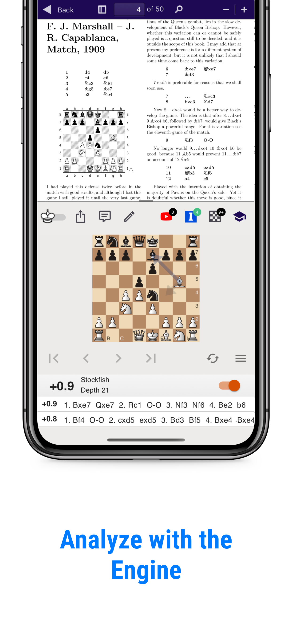 Chessvision.ai eBook Reader on an iPhone with the book above an interactive chessboard and engine analysis