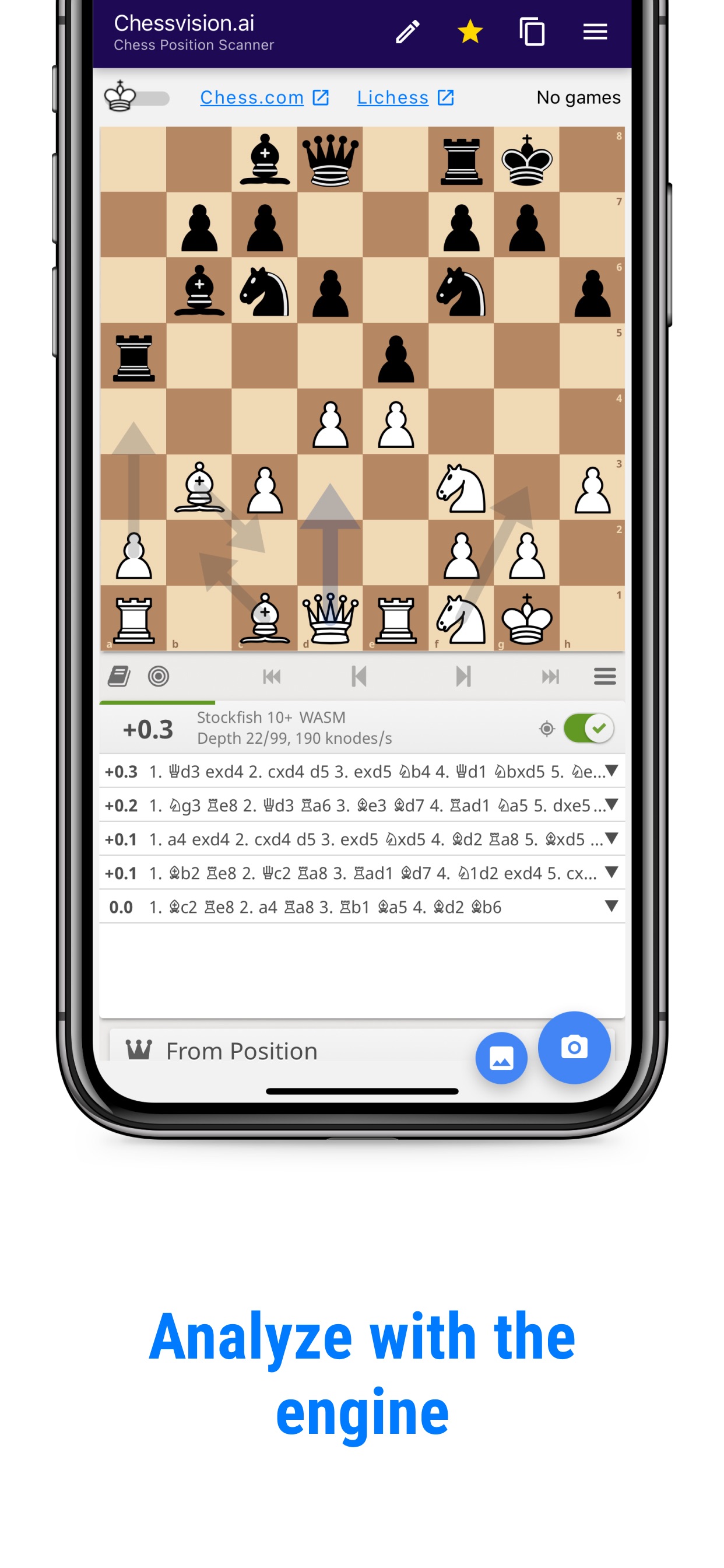 Chessvision.ai interactive chessboard and engine analysis, shown in an iPhone