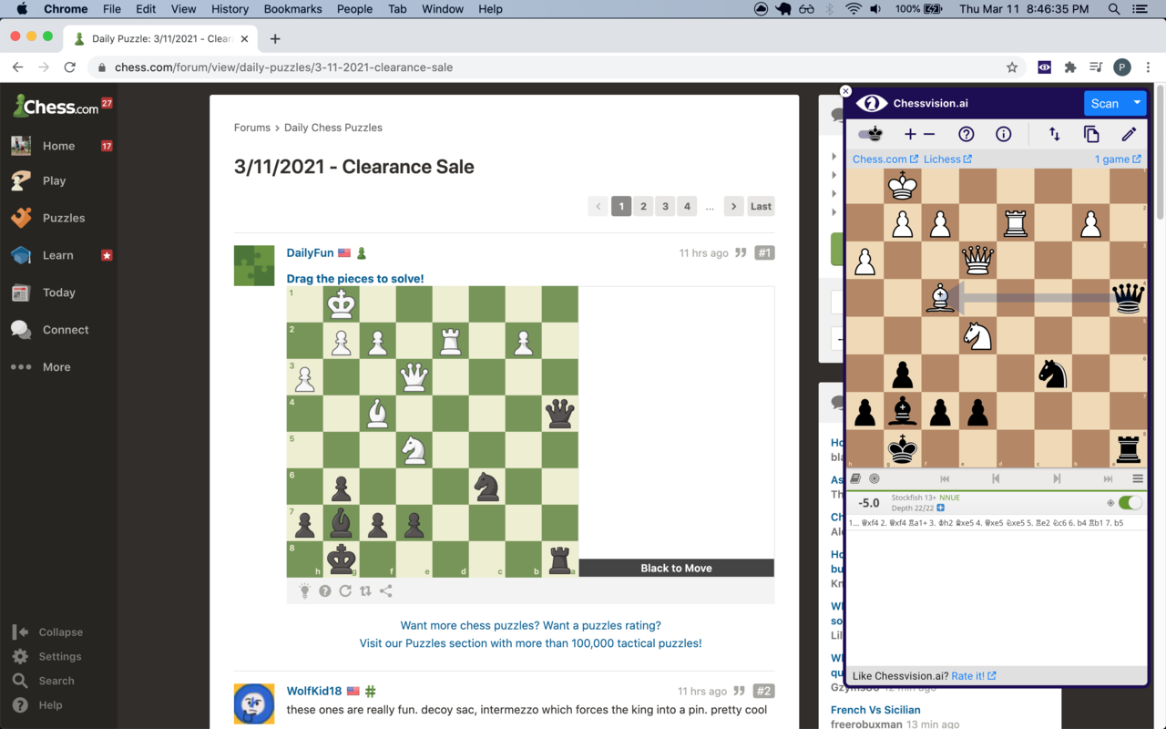 A Chess.com puzzle open beside the Chessvision.ai extension analysis board