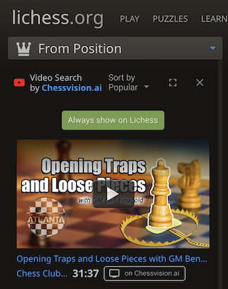 I made a browser extension that Adds Videos to Lichess (Analysis