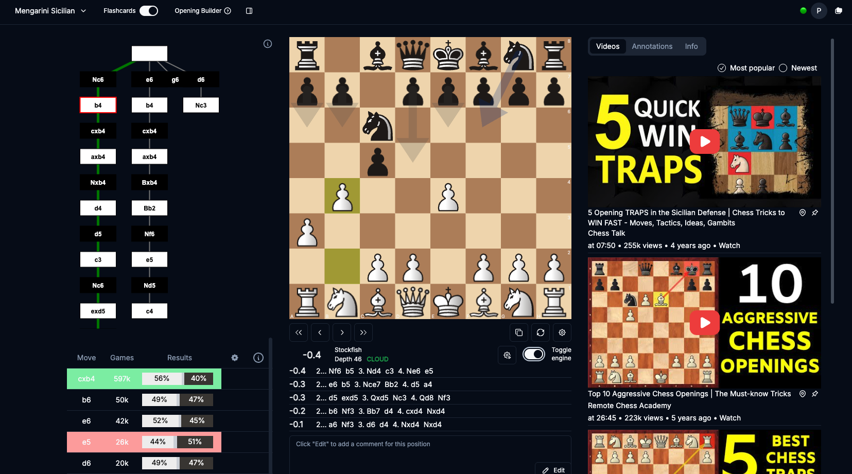 Opening Builder with a variation tree, chessboard, opening explorer, engine evaluation, and matching videos