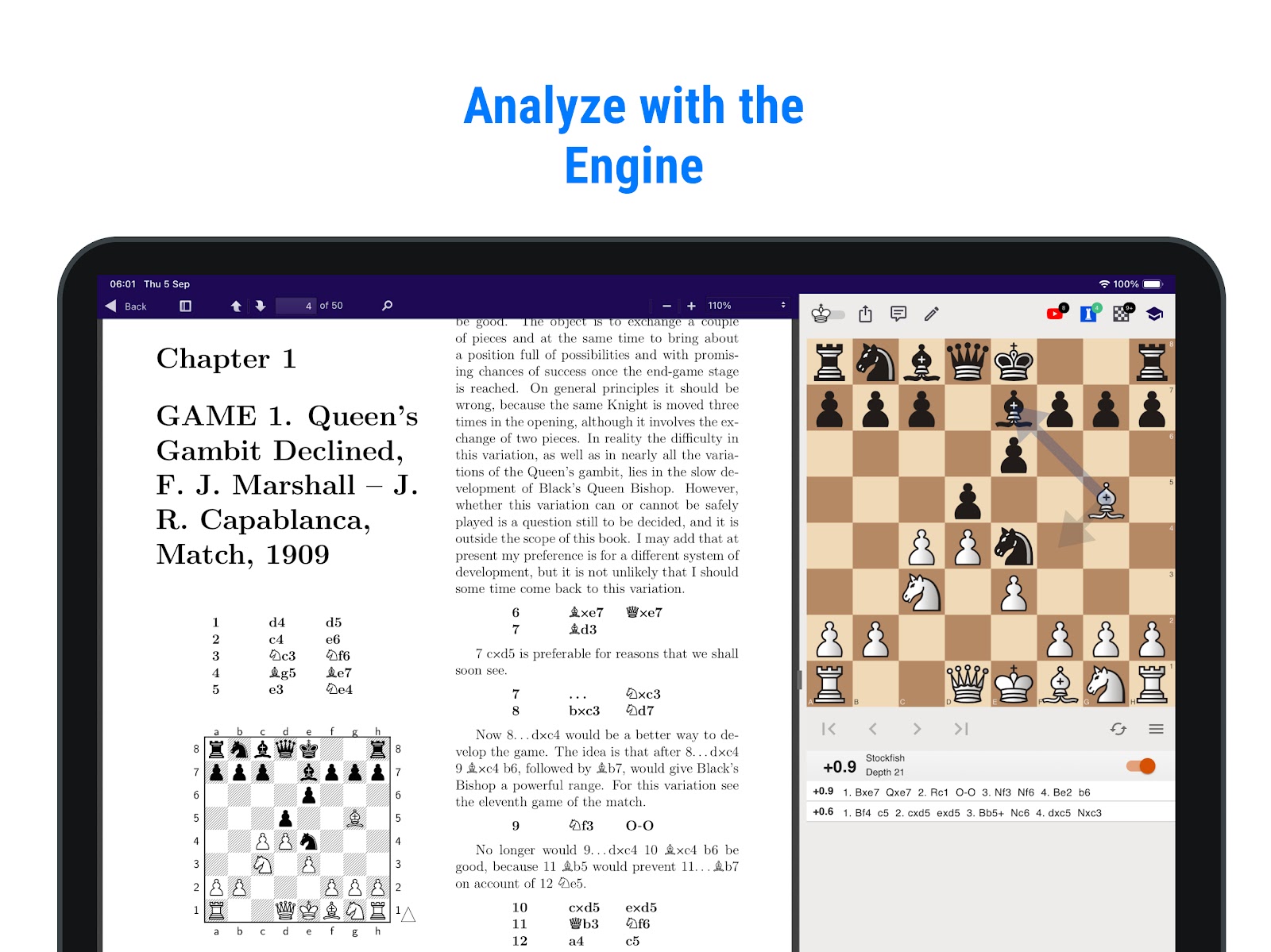 Chessvision.ai eBook Reader with a Queen’s Gambit book page on the left and the matching chess position with engine analysis on the right