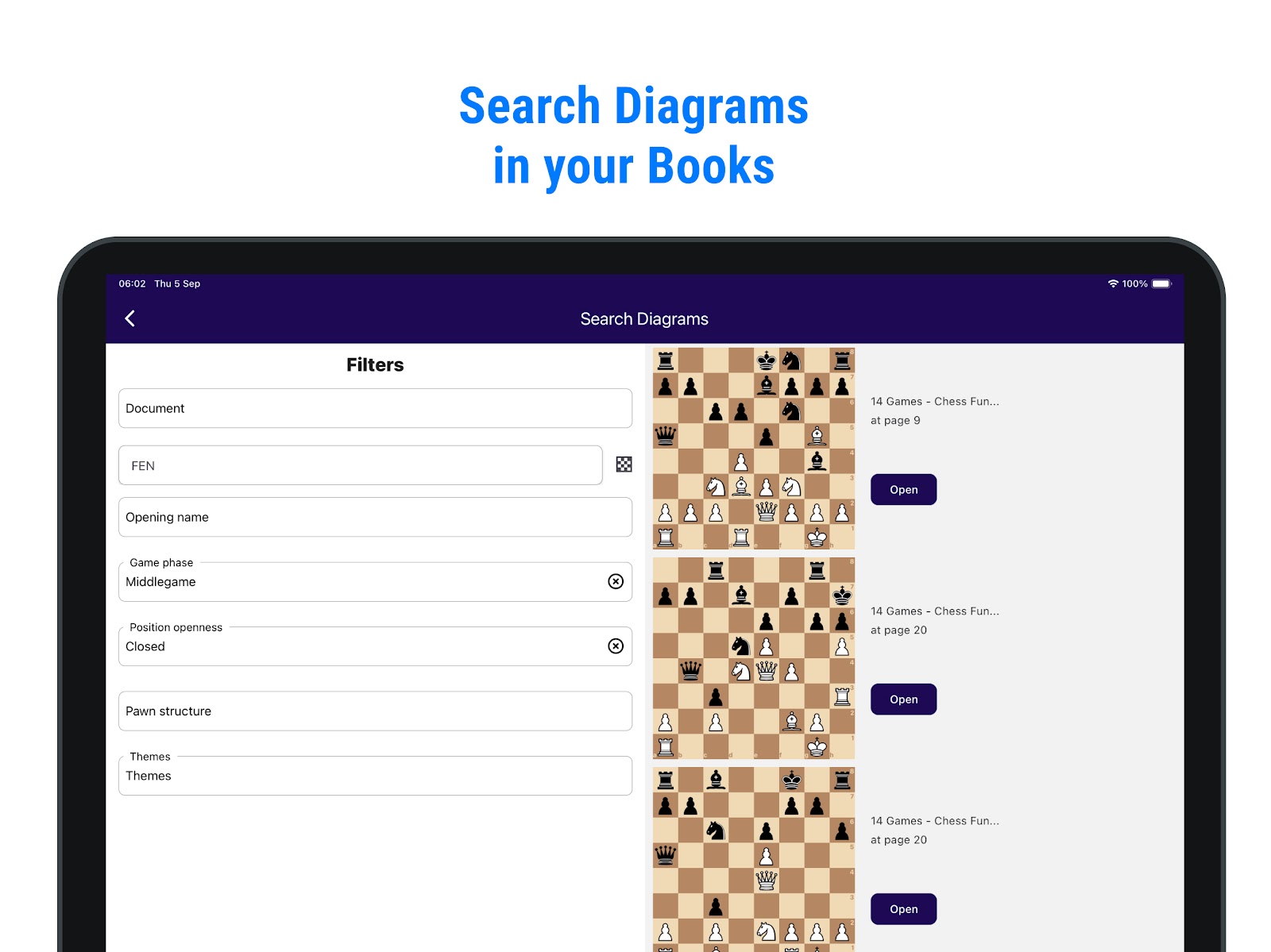 Reader diagram search with opening and game-phase filters alongside matching positions from chess books
