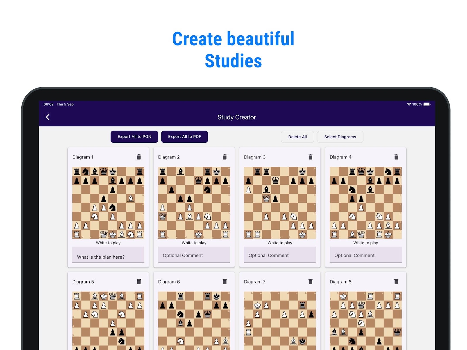 Study Creator with selected chess diagrams, comments, and export controls for PDF and PGN